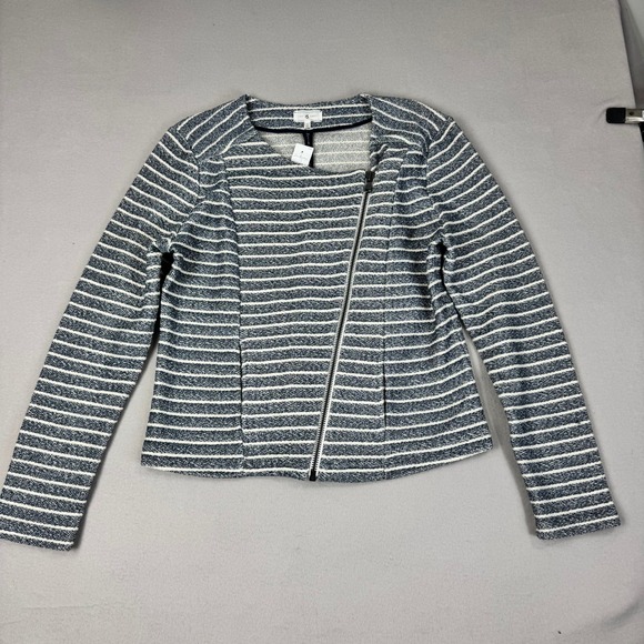 Lou & Grey Jackets & Blazers - Lou & Grey Womens Navy White Striped Knit Moto Jacket Asymmetrical Zip Large NEW